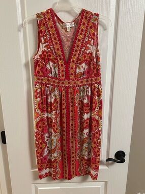 London Style Sleeveless Midi Dress in Red, Pink and Gold Paisley